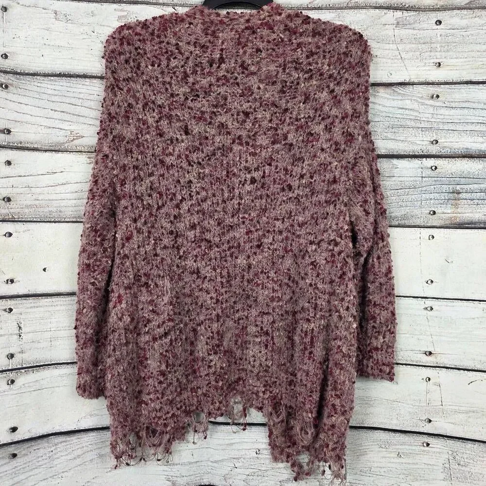 BKE Burgundy Open Knit Cardigan Women’s Medium Fringe Hem